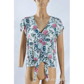 Woman's V-Neck Short-Sleeved Rayon Print Blouse